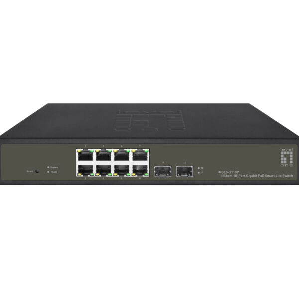 GES-2110P LevelOne Hilbert 10-Port Gigabit PoE Smart Lite Switch, 8 PoE Outputs, 2 x Gigabit SFP, 802.3at/af PoE, 130W PoE Power Budget