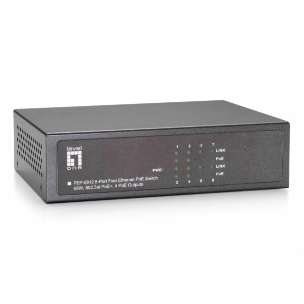 FEP-0812 LevelOne 8-Port Fast Ethernet PoE Switch, 802.3at/af PoE, 4 PoE Outputs, 65W